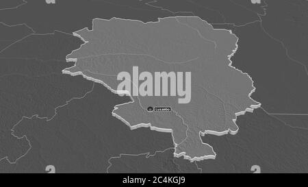 Zoomen Sie auf Sankuru (Provinz der Demokratischen Republik Kongo) extrudiert. Schräge Perspektive. Karte mit bilevel Höhe mit Oberflächengewässern. 3D-Renderi Stockfoto