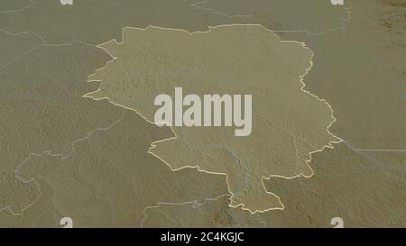 Zoom in auf Sankuru (Provinz der Demokratischen Republik Kongo) skizziert. Schräge Perspektive. Topographische Reliefkarte mit Oberflächengewässern. 3D-Rendering Stockfoto