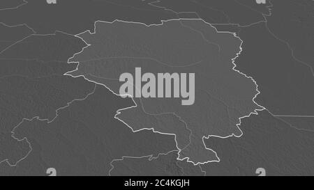 Zoom in auf Sankuru (Provinz der Demokratischen Republik Kongo) skizziert. Schräge Perspektive. Karte mit bilevel Höhe mit Oberflächengewässern. 3D-Renderi Stockfoto