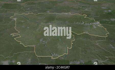 Zoom in auf Tshopo (Provinz der Demokratischen Republik Kongo) skizziert. Schräge Perspektive. Satellitenbilder. 3D-Rendering Stockfoto