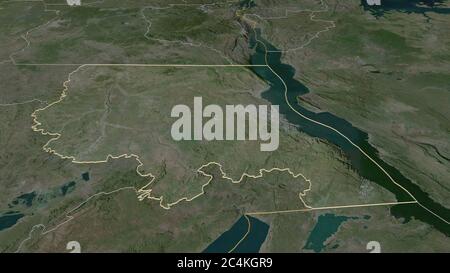 Zoom in auf Tanganjika (Provinz der Demokratischen Republik Kongo) skizziert. Schräge Perspektive. Satellitenbilder. 3D-Rendering Stockfoto