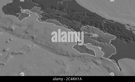 Zoom in Puntarenas (Provinz Costa Rica) skizziert. Schräge Perspektive. Karte mit bilevel Höhe mit Oberflächengewässern. 3D-Rendering Stockfoto