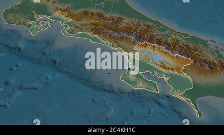 Zoom in Puntarenas (Provinz Costa Rica) skizziert. Schräge Perspektive. Topographische Reliefkarte mit Oberflächengewässern. 3D-Rendering Stockfoto