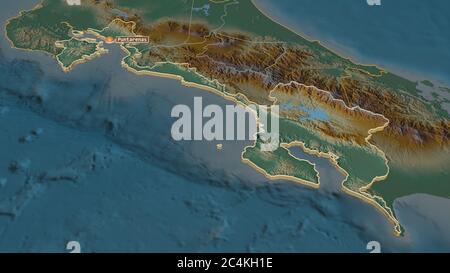 Zoom in auf Puntarenas (Provinz Costa Rica) extrudiert. Schräge Perspektive. Topographische Reliefkarte mit Oberflächengewässern. 3D-Rendering Stockfoto