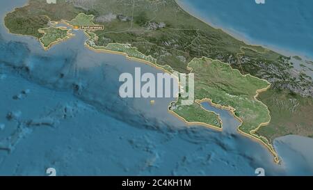 Zoom in auf Puntarenas (Provinz Costa Rica) extrudiert. Schräge Perspektive. Satellitenbilder. 3D-Rendering Stockfoto