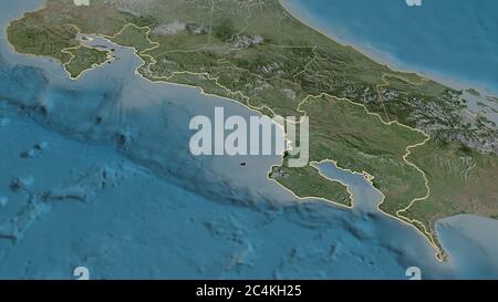 Zoom in Puntarenas (Provinz Costa Rica) skizziert. Schräge Perspektive. Satellitenbilder. 3D-Rendering Stockfoto