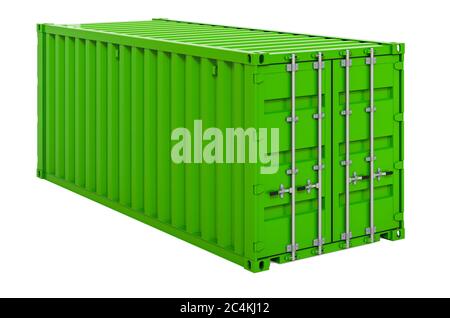 Grüne Fracht Container Fracht Fracht, zwanzig Fuß. 3D-Rendering auf weißem Hintergrund isoliert Stockfoto