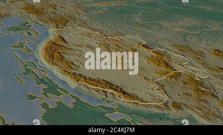 Zoom in auf Licko-Senjska (Grafschaft Kroatien) skizziert. Schräge Perspektive. Topographische Reliefkarte mit Oberflächengewässern. 3D-Rendering Stockfoto