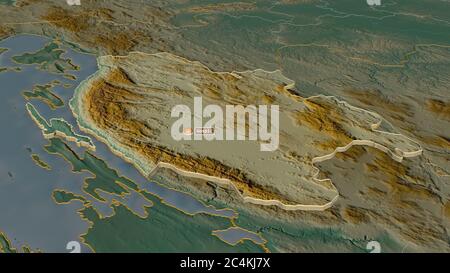 Zoom in auf Licko-Senjska (Grafschaft Kroatien) extrudiert. Schräge Perspektive. Topographische Reliefkarte mit Oberflächengewässern. 3D-Rendering Stockfoto