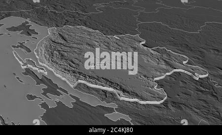 Zoom in auf Licko-Senjska (Grafschaft Kroatien) extrudiert. Schräge Perspektive. Karte mit bilevel Höhe mit Oberflächengewässern. 3D-Rendering Stockfoto