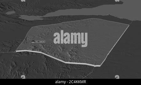 Zoomen Sie auf Ali Sabieh (Region Dschibuti) extrudiert. Schräge Perspektive. Karte mit bilevel Höhe mit Oberflächengewässern. 3D-Rendering Stockfoto