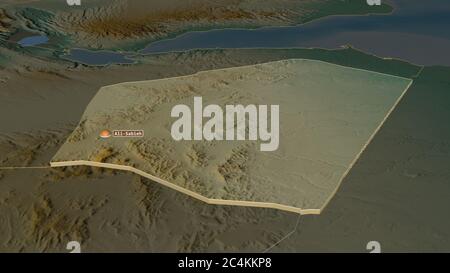 Zoomen Sie auf Ali Sabieh (Region Dschibuti) extrudiert. Schräge Perspektive. Topographische Reliefkarte mit Oberflächengewässern. 3D-Rendering Stockfoto