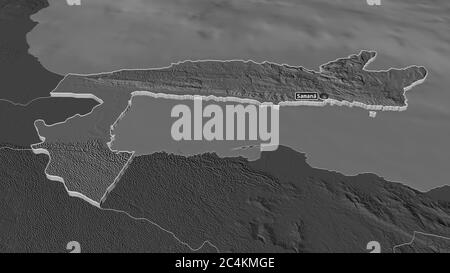 Zoom in auf Samaná (Provinz Dominikanische Republik) extrudiert. Schräge Perspektive. Karte mit bilevel Höhe mit Oberflächengewässern. 3D-Rendering Stockfoto