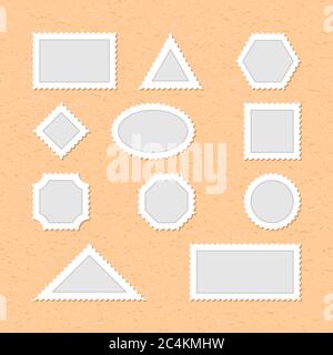 Leere Briefmarken sind auf einem Hintergrund aus altem beigefarbenem Papier. Die Briefmarkenvorlage ist die Form des Rechtecks, Dreiecks, Sechsecks, Rhombus, ell Stock Vektor