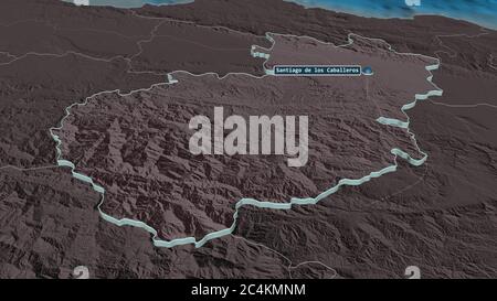 Zoom in Santiago (Provinz Dominikanische Republik) extrudiert. Schräge Perspektive. Farbige und angestoßende Karte der Verwaltungseinheit mit Oberfläche Stockfoto