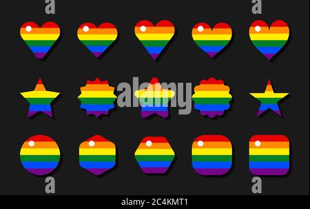 LGBT-Alarmmeldung. Kreis, Stern, Sechseck, Herz, quadratische Formen. Set von Schildern in Regenbogenfarben für die Verwendung in LGBTQI Pride Event, LBGT Pride Month oder Gay Pride Sy Stock Vektor