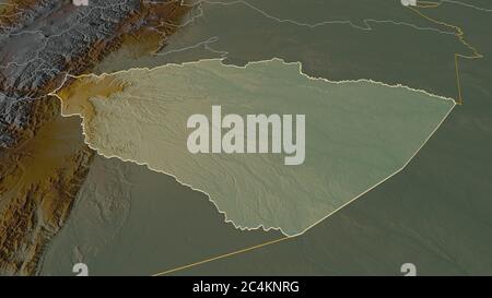 Zoom in auf Pastaza (Provinz Ecuador) skizziert. Schräge Perspektive. Topographische Reliefkarte mit Oberflächengewässern. 3D-Rendering Stockfoto