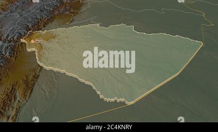 Zoom in auf Pastaza (Provinz Ecuador) extrudiert. Schräge Perspektive. Topographische Reliefkarte mit Oberflächengewässern. 3D-Rendering Stockfoto