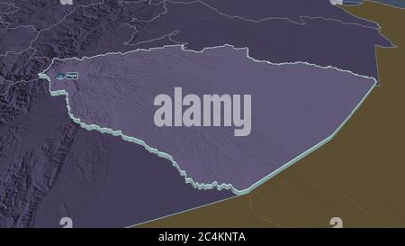 Zoom in auf Pastaza (Provinz Ecuador) extrudiert. Schräge Perspektive. Farbige und aufgeschüpfte Karte der Verwaltungseinheit mit Oberflächengewässern. 3D Stockfoto