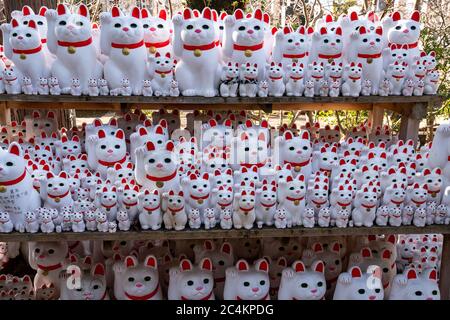 Nahaufnahme von Maneki-Neko oder „glückeinladenden Katzenstatuen“ im Gotokuji-buddhistischen Tempel. Setagaya, Tokio, japan. Stockfoto