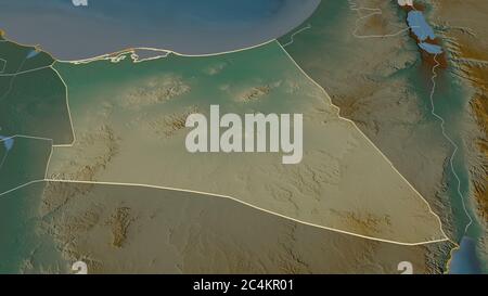 Zoom in Shamal Sina' (Gouvernement von Ägypten) skizziert. Schräge Perspektive. Topographische Reliefkarte mit Oberflächengewässern. 3D-Rendering Stockfoto