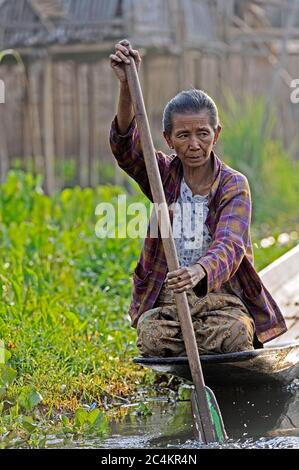 Eine Frau aus Myanmar paddelt mit ihrem Kanu durch das Dorf Pwe Sar Kone. Inle Lake Myanmar Burma Stockfoto