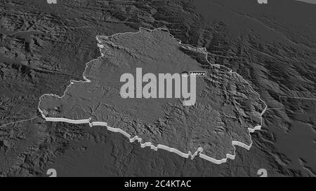 Zoom in auf Maekel (Region Eritrea) extrudiert. Schräge Perspektive. Karte mit bilevel Höhe mit Oberflächengewässern. 3D-Rendering Stockfoto