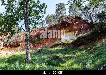 Schöne rote Hügel bedeckt von Bäumen der Colorado Provence in Rustrel, Frankreich Stockfoto