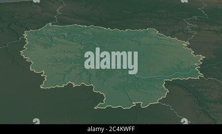 Zoomen Sie auf Île-de-France (Region Frankreich) skizziert. Schräge Perspektive. Topographische Reliefkarte mit Oberflächengewässern. 3D-Rendering Stockfoto