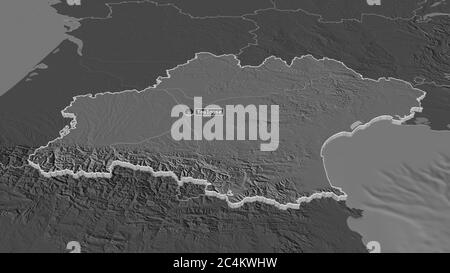 Zoom in auf Occitanie (Region Frankreich) extrudiert. Schräge Perspektive. Karte mit bilevel Höhe mit Oberflächengewässern. 3D-Rendering Stockfoto