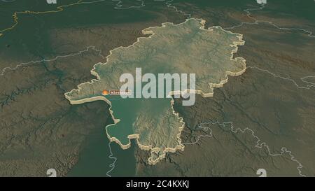 Zoom in auf Hessen extrudiert. Schräge Perspektive. Topographische Reliefkarte mit Oberflächengewässern. 3D-Rendering Stockfoto