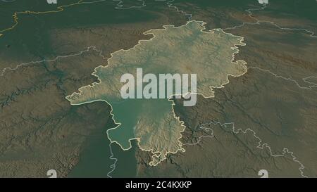 Zoom in Hessen (Land Deutschland) skizziert. Schräge Perspektive. Topographische Reliefkarte mit Oberflächengewässern. 3D-Rendering Stockfoto