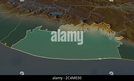 Zoom in Escuintla (Abteilung von Guatemala) skizziert. Schräge Perspektive. Topographische Reliefkarte mit Oberflächengewässern. 3D-Rendering Stockfoto