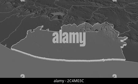 Zoom in Escuintla (Abteilung von Guatemala) extrudiert. Schräge Perspektive. Karte mit bilevel Höhe mit Oberflächengewässern. 3D-Rendering Stockfoto