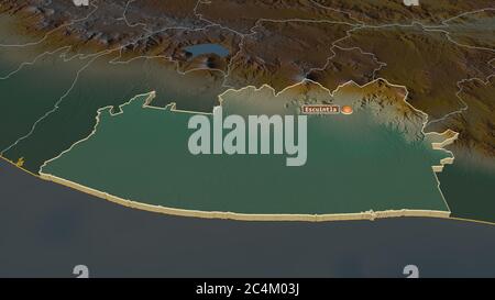 Zoom in Escuintla (Abteilung von Guatemala) extrudiert. Schräge Perspektive. Topographische Reliefkarte mit Oberflächengewässern. 3D-Rendering Stockfoto