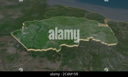 Zoom in auf Cuyuni-Mazaruni (Region Guyana) extrudiert. Schräge Perspektive. Satellitenbilder. 3D-Rendering Stockfoto