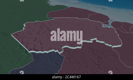 Zoom in auf Cuyuni-Mazaruni (Region Guyana) extrudiert. Schräge Perspektive. Farbige und aufgeschüpfte Karte der Verwaltungseinheit mit Oberflächengewässern Stockfoto