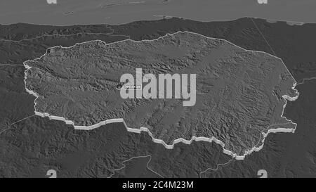 Zoom in Olancho (Abteilung von Honduras) extrudiert. Schräge Perspektive. Karte mit bilevel Höhe mit Oberflächengewässern. 3D-Rendering Stockfoto