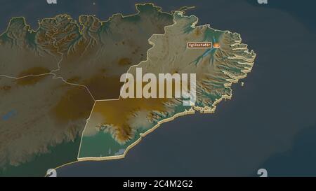 Zoom in Austurland (Region Island) extrudiert. Schräge Perspektive. Topographische Reliefkarte mit Oberflächengewässern. 3D-Rendering Stockfoto