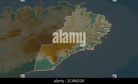 Zoom in Austurland (Region Island) skizziert. Schräge Perspektive. Topographische Reliefkarte mit Oberflächengewässern. 3D-Rendering Stockfoto