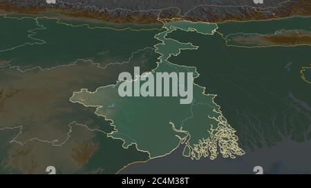 Zoom in auf West Bengal (Staat Indien) skizziert. Schräge Perspektive. Topographische Reliefkarte mit Oberflächengewässern. 3D-Rendering Stockfoto