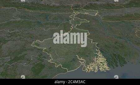 Zoom in auf West Bengal (Staat Indien) skizziert. Schräge Perspektive. Satellitenbilder. 3D-Rendering Stockfoto