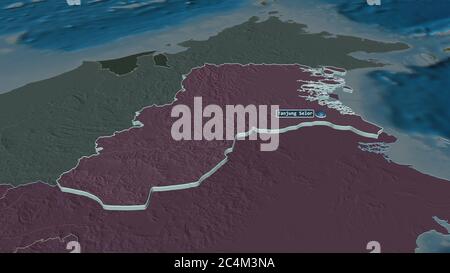 Zoom in auf Kalimantan Utara (Provinz Indonesien) extrudiert. Schräge Perspektive. Farbige und angestoßende Karte der Verwaltungseinheit mit Oberfläche Stockfoto