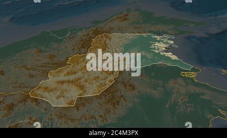 Zoom in Kalimantan Utara (Provinz Indonesien) skizziert. Schräge Perspektive. Topographische Reliefkarte mit Oberflächengewässern. 3D-Rendering Stockfoto