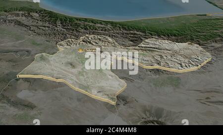 Zoom in auf Teheran (Provinz Iran) extrudiert. Schräge Perspektive. Satellitenbilder. 3D-Rendering Stockfoto