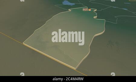 Zoom in auf an-Najaf (Provinz Irak) extrudiert. Schräge Perspektive. Topographische Reliefkarte mit Oberflächengewässern. 3D-Rendering Stockfoto