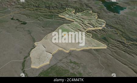 Zoom in Arbil (Provinz Irak) extruded. Schräge Perspektive. Satellitenbilder. 3D-Rendering Stockfoto