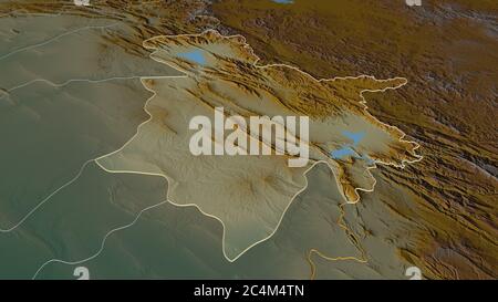 Zoomen Sie auf As-Sulaymaniyah (Provinz Irak) skizziert. Schräge Perspektive. Topographische Reliefkarte mit Oberflächengewässern. 3D-Rendering Stockfoto