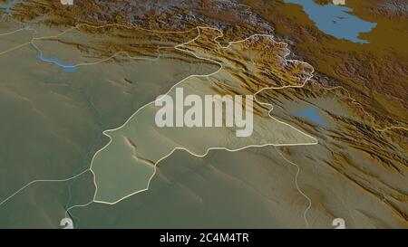 Zoom in Arbil (Provinz Irak) skizziert. Schräge Perspektive. Topographische Reliefkarte mit Oberflächengewässern. 3D-Rendering Stockfoto