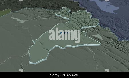 Zoom in Arbil (Provinz Irak) extruded. Schräge Perspektive. Farbige und aufgeschüpfte Karte der Verwaltungseinheit mit Oberflächengewässern. 3D-rende Stockfoto